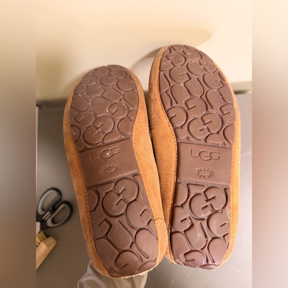 UGG Chestnut Suede Shearling Lined Slippers with Cream Fur Trim - Picture 6 of 7